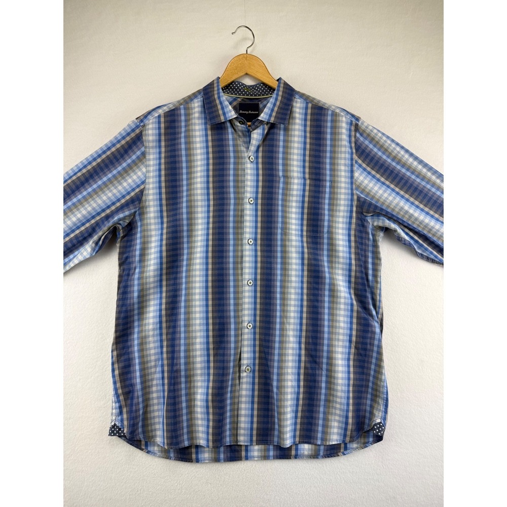 Tommy Bahama Shirt Mens Large Blue Plaid Long Sleeve Cotton Button‎ Down